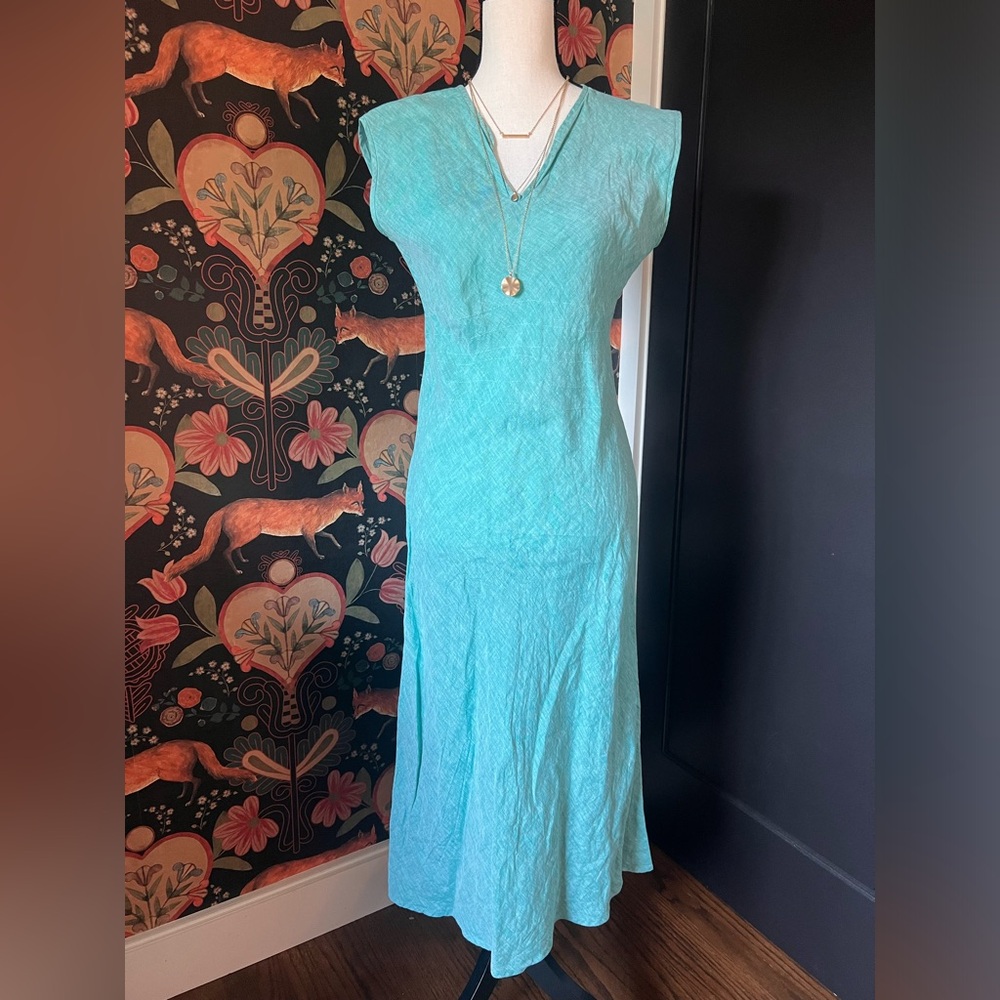 Erica Tanov Midi 100% Linen Dress, Turquoise Blue Green, Size 2 Small, V Neck